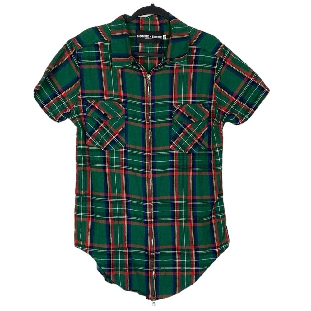 Homme + Femme plaid zip front top